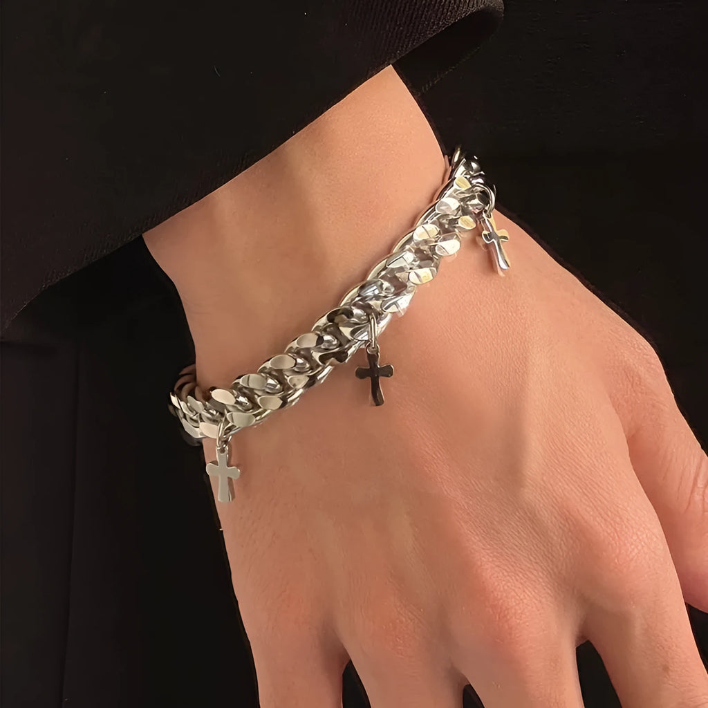Men's titanium steel geometric cross bracelet in cold wind style design