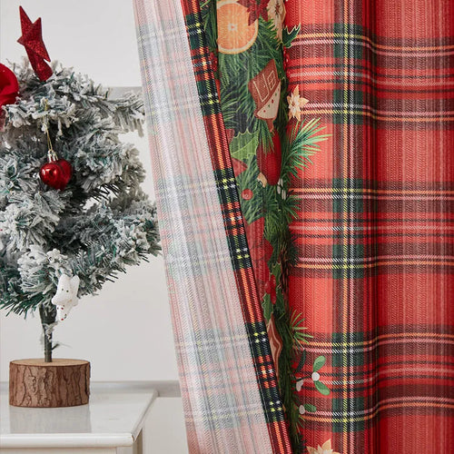 Rectangular Christmas-themed curtain with printed designs showing semi-sunshade function