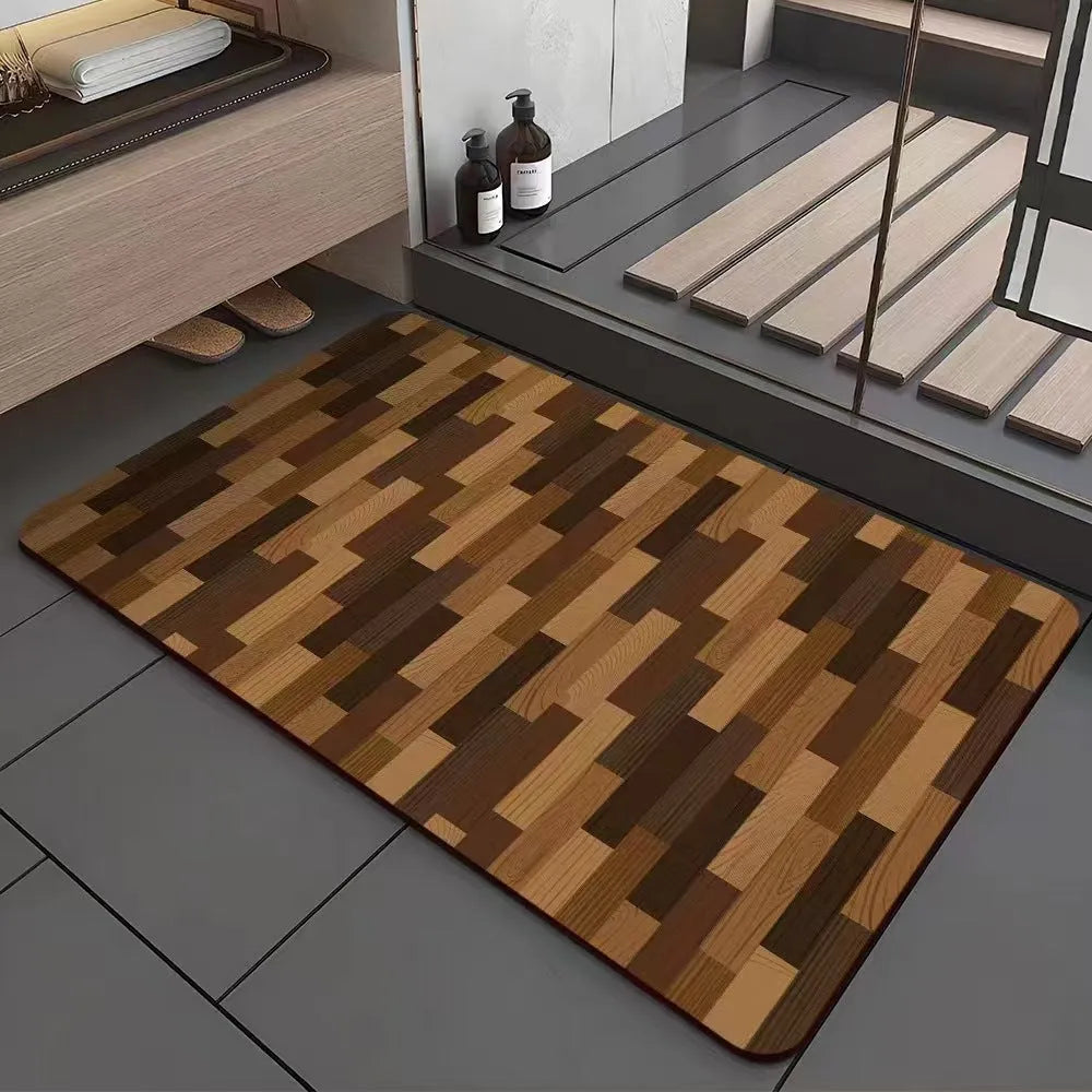 Square American wood grain geometric pattern diatom ooze bathroom floor mat on tiles.