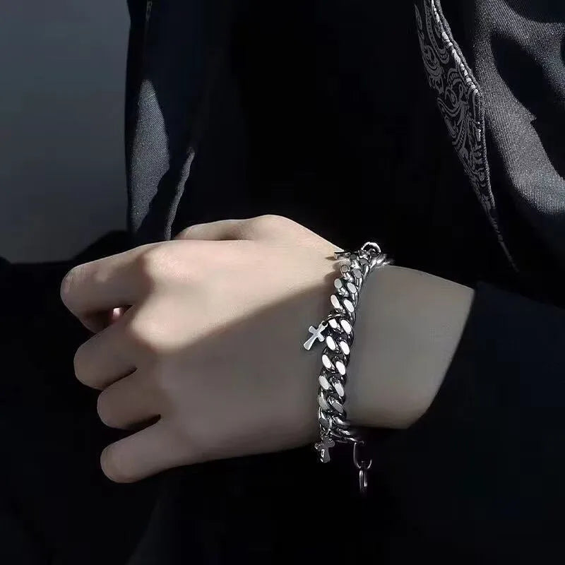 Men's titanium steel geometric cross bracelet in cold wind style design