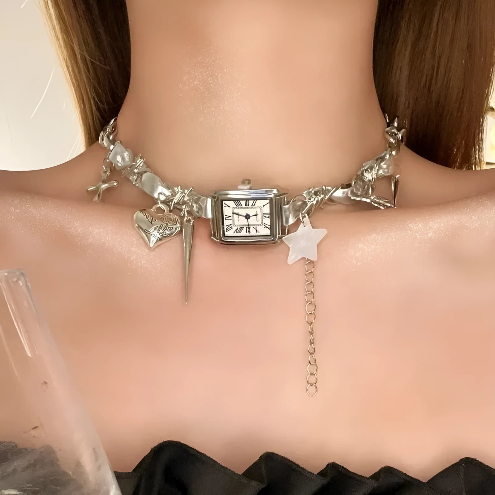 Dark women's multi-layer cross necklace with twin clavicle chains and hemp flower pattern