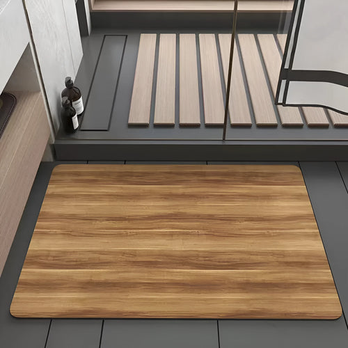 Square American wood grain geometric pattern diatom ooze bathroom floor mat on tiles.