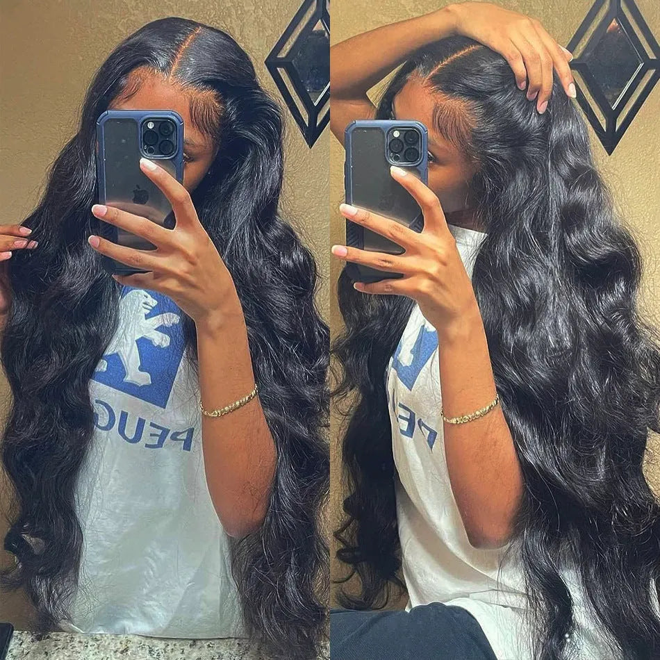 Black synthetic wig with long curly hair, side bangs, and a front lace design.