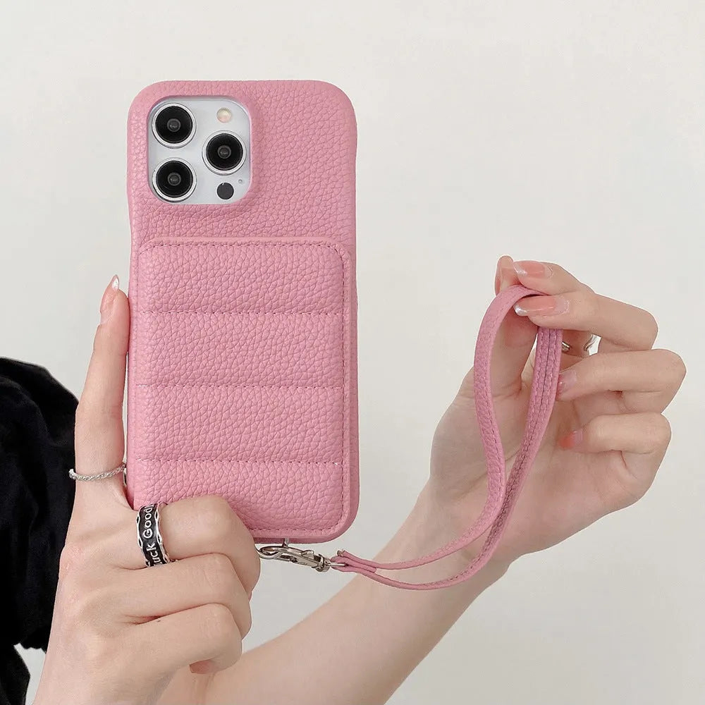 Drop-resistant leather down card holder phone case for iPhone in black with lanyard and bracket