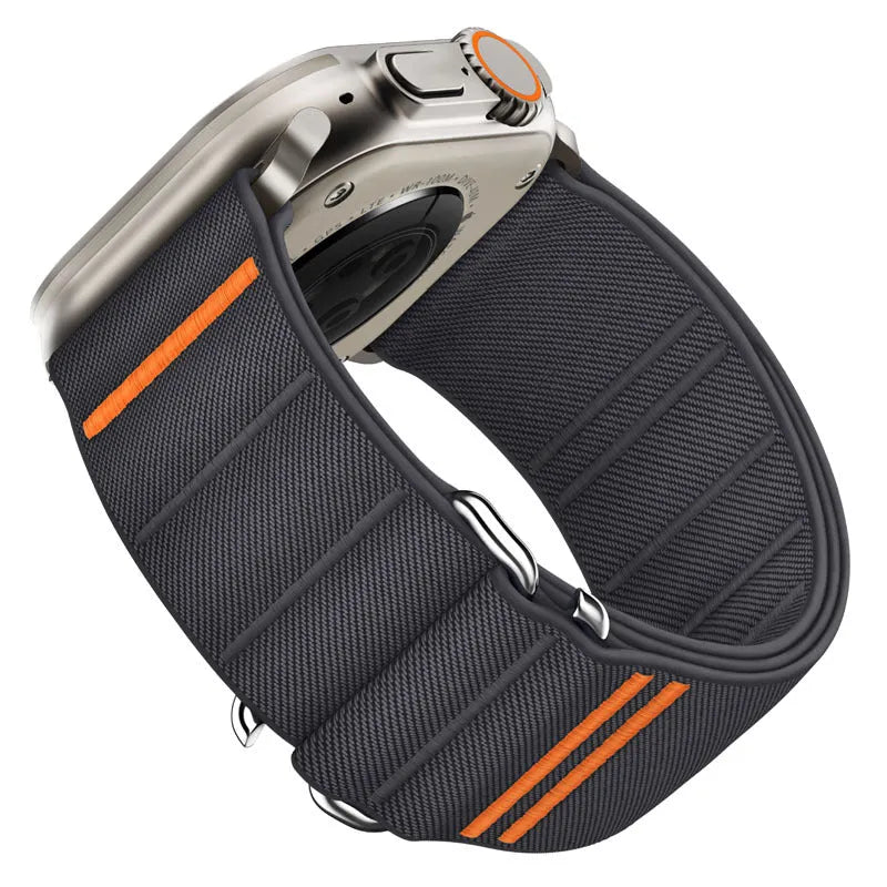 Elastic nylon Apple Watch replacement strap with stainless steel buckle shown in Army Green colour.