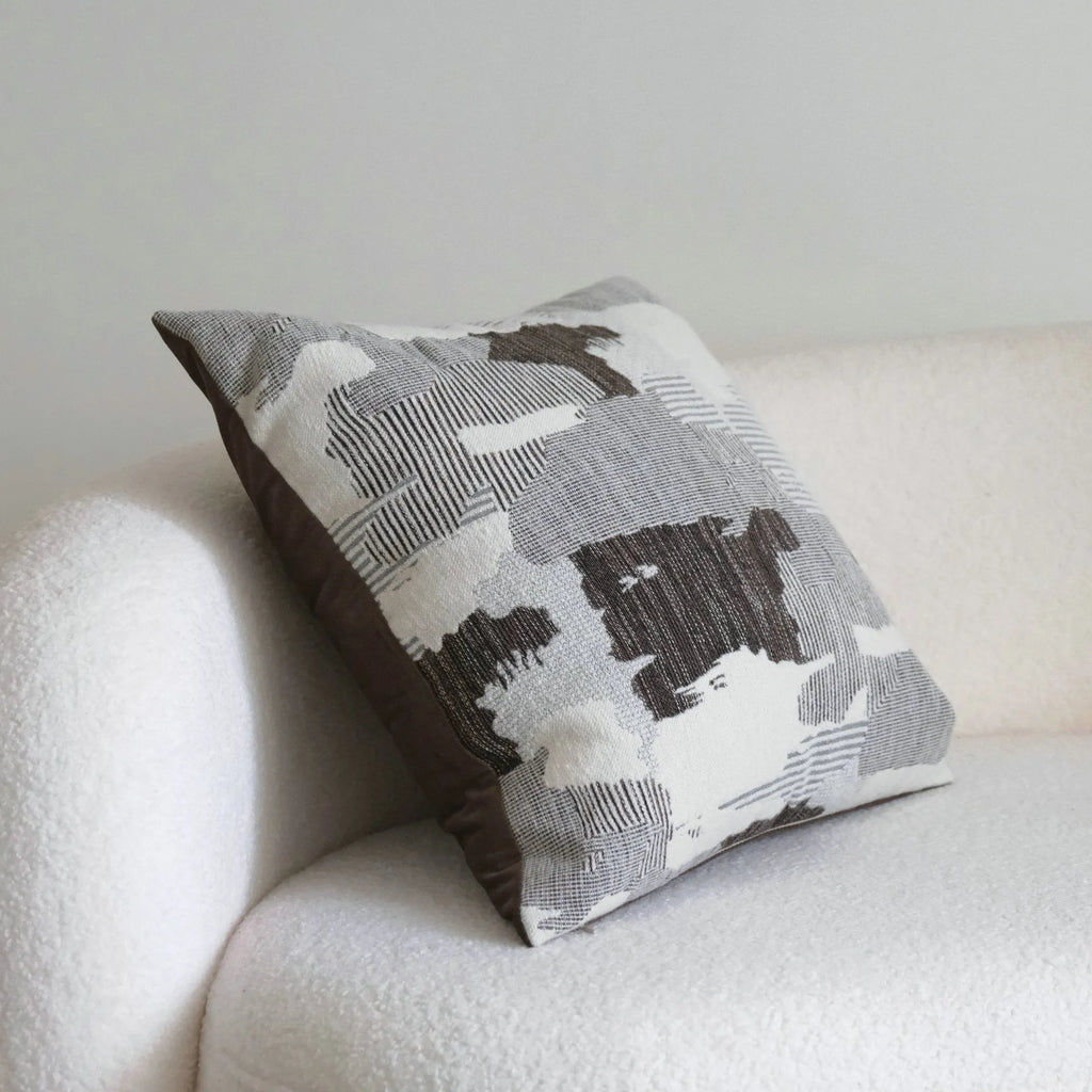 Coffee brown striped decorative cushion on a grey sofa, showing lumbar and square size options.
