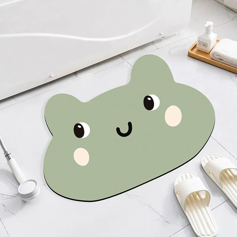 Cartoon animal diatomite bathroom mat with non-slip backing in brown bear, frog, hippo, koala, or lion design.