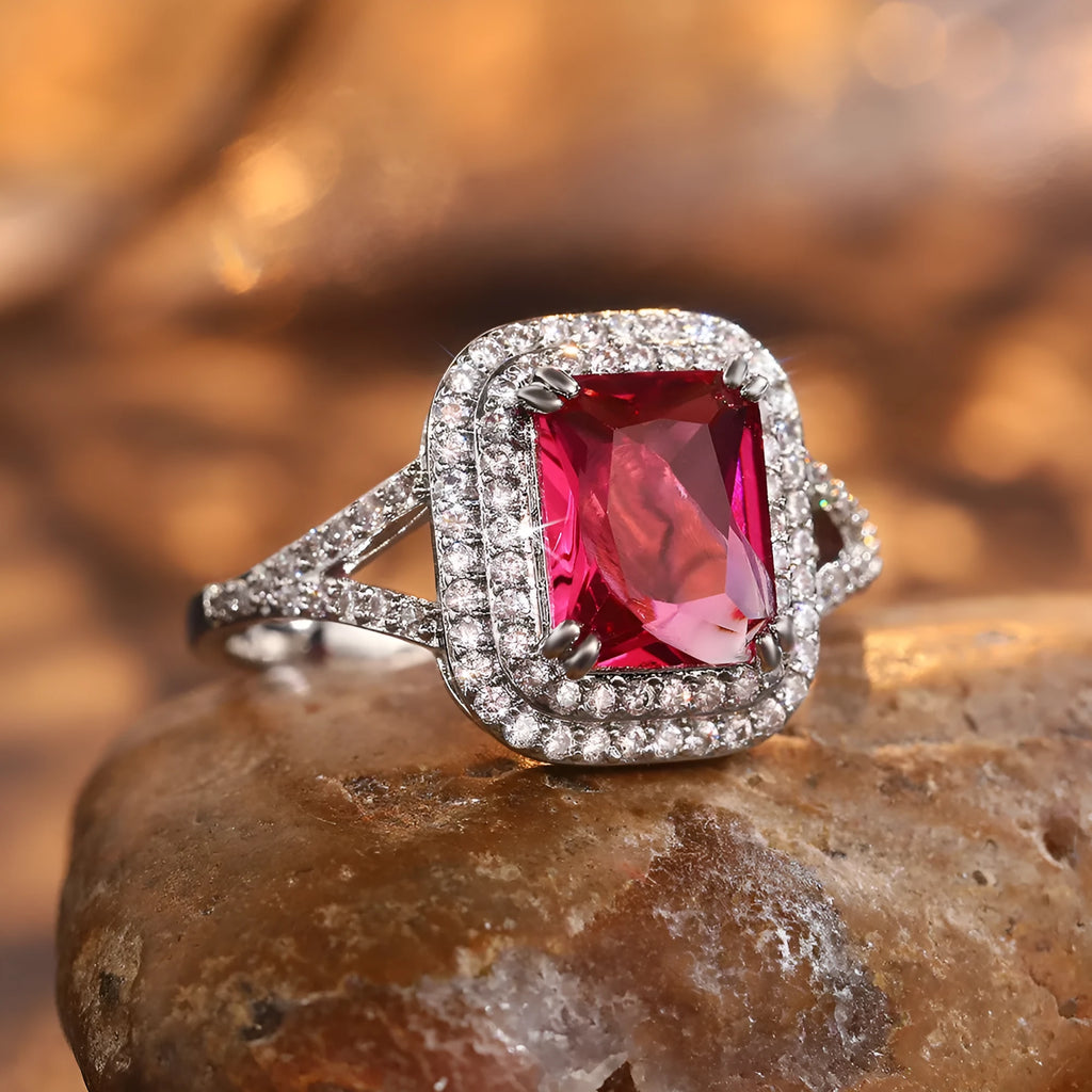 Red rhinestone square princess ring on copper band, women's jewellery sizes 6 to 10