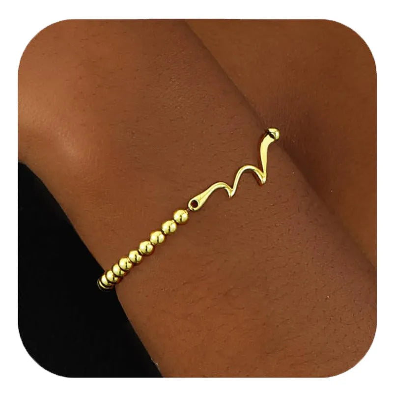 Adjustable stainless steel beaded bracelet in a geometric design with round beads.