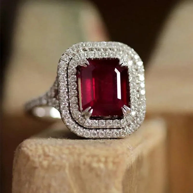 Red rhinestone square princess ring on copper band, women's jewellery sizes 6 to 10