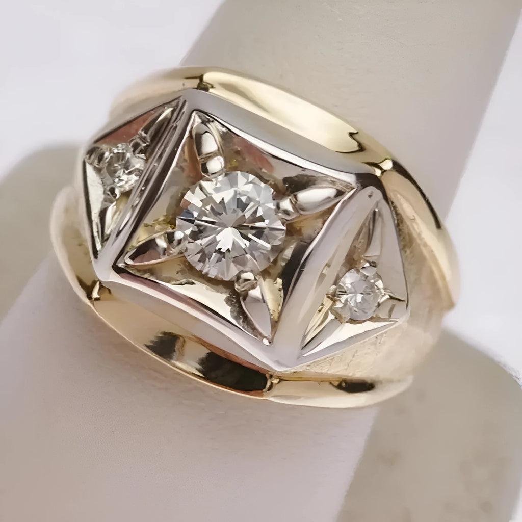 Geometric hollow design couple rings in gold colour with wide face and chamfering square pattern