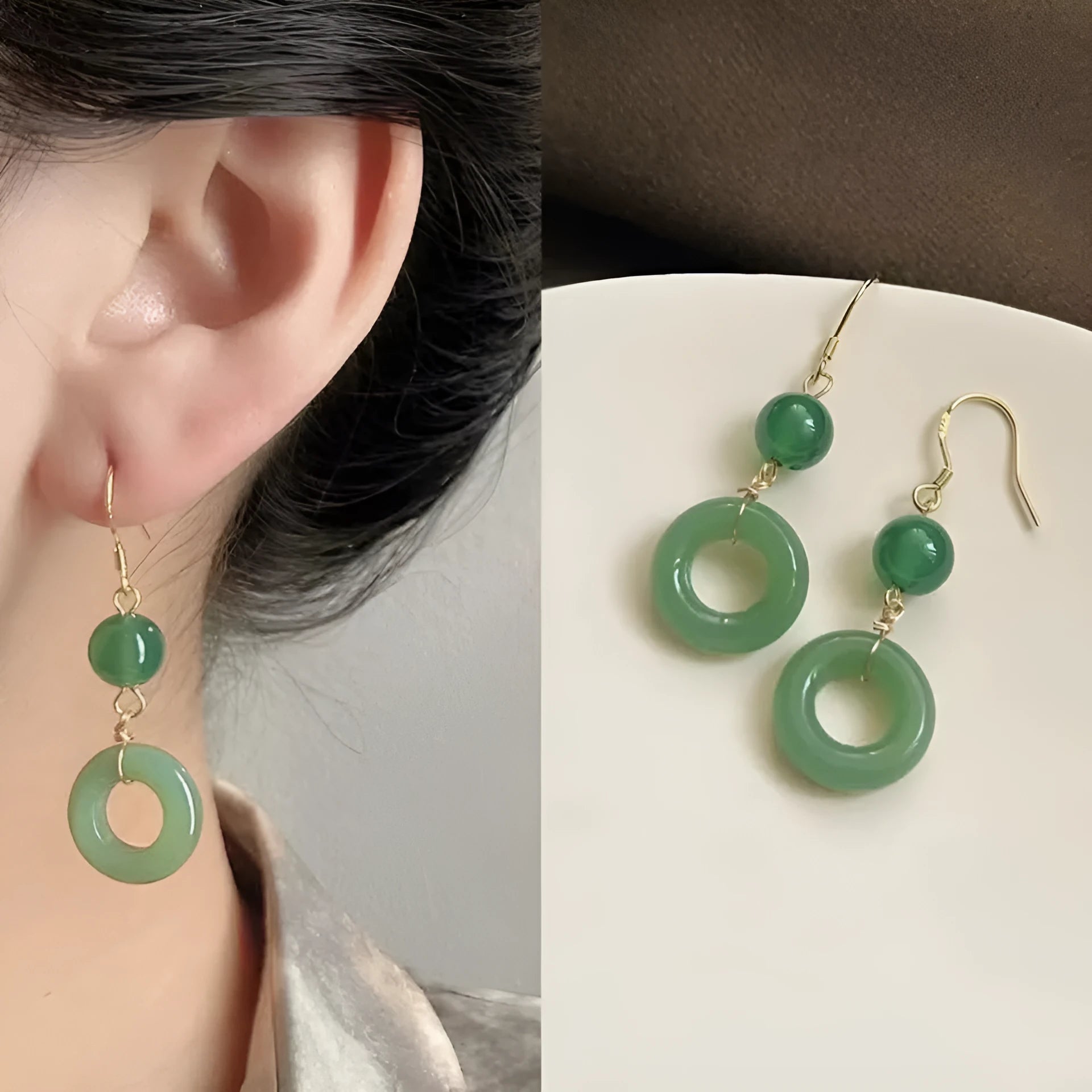 A pair of geometric peace buckle earrings with a green jade design and gold plating.