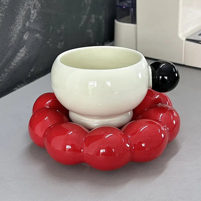 Ceramic coffee mug and saucer set in solid colour, showing 250ml capacity cup and matching dish.
