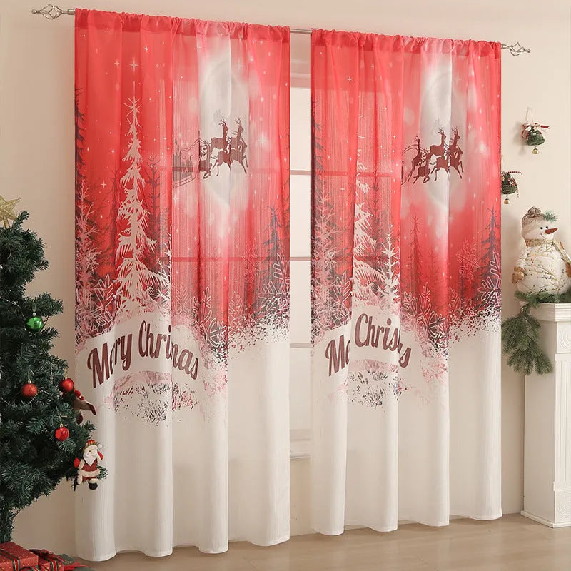 Rectangular Christmas-themed curtain with printed designs showing semi-sunshade function