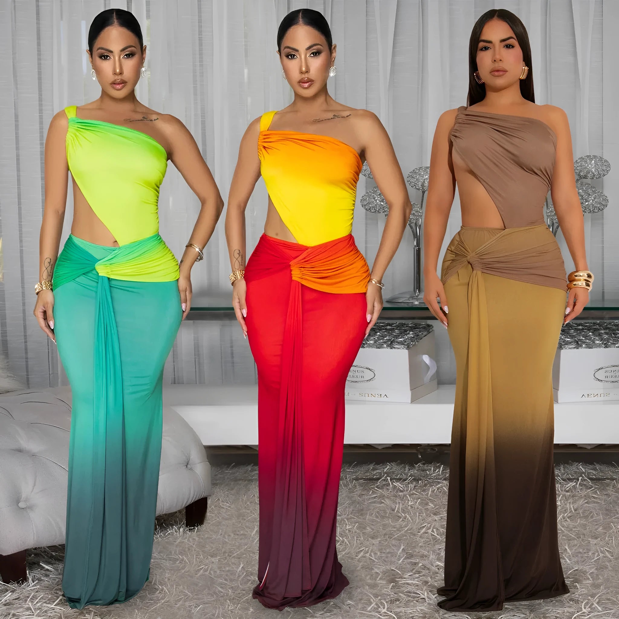 Long brown, green, and red gradient colour dress with a high waist, cross-shoulder neckline, and sleeveless design on a mannequin.