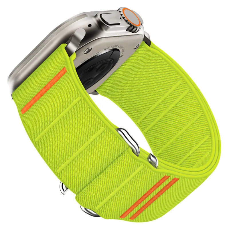 Elastic nylon Apple Watch replacement strap with stainless steel buckle shown in Army Green colour.