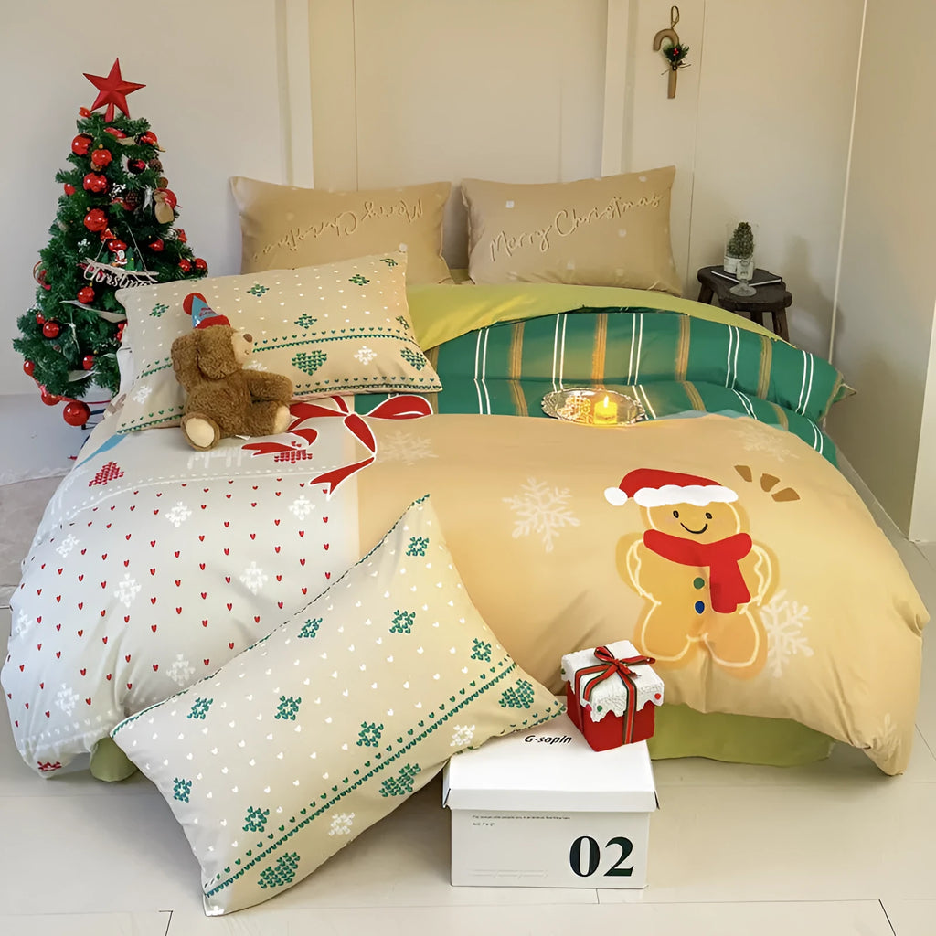 Christmas cartoon printed four-piece bedding set with duvet cover, sheet, and pillowcases on a bed