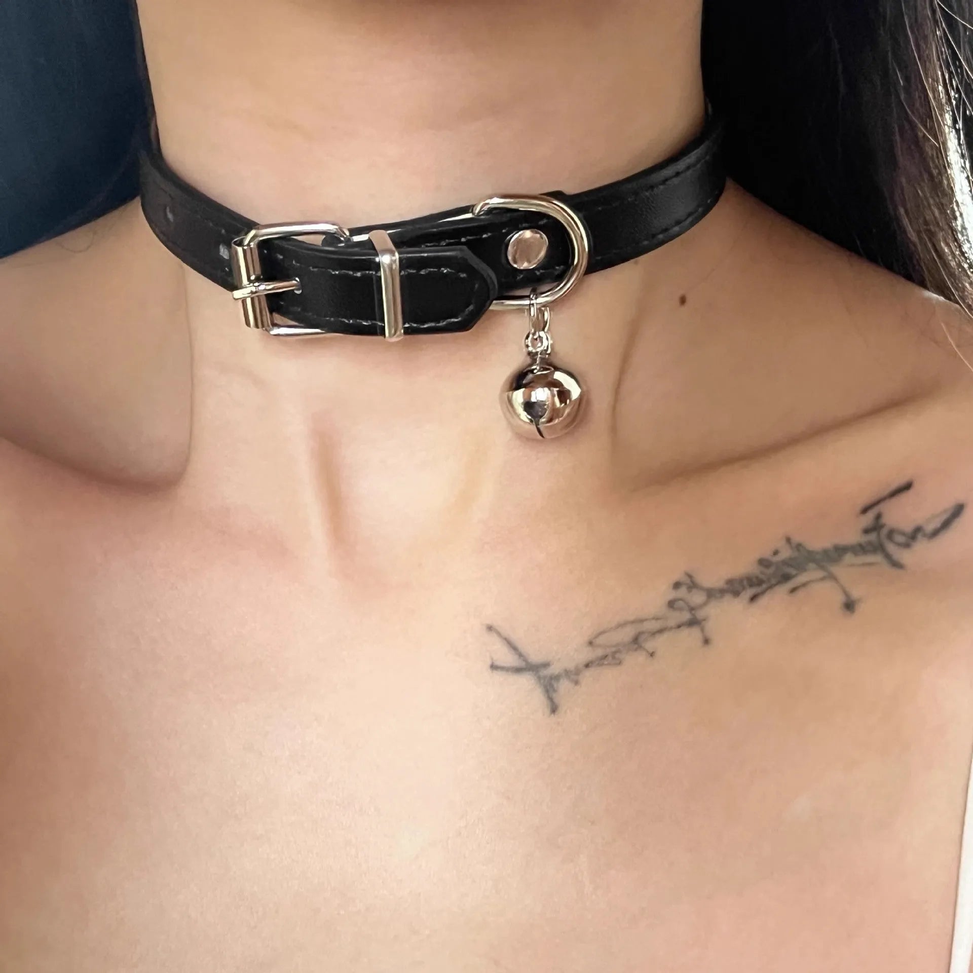 Black mixed material collar chain necklace with adjustable perimeter showing three designs: LD leather, cute bone, and cat's paw collars.