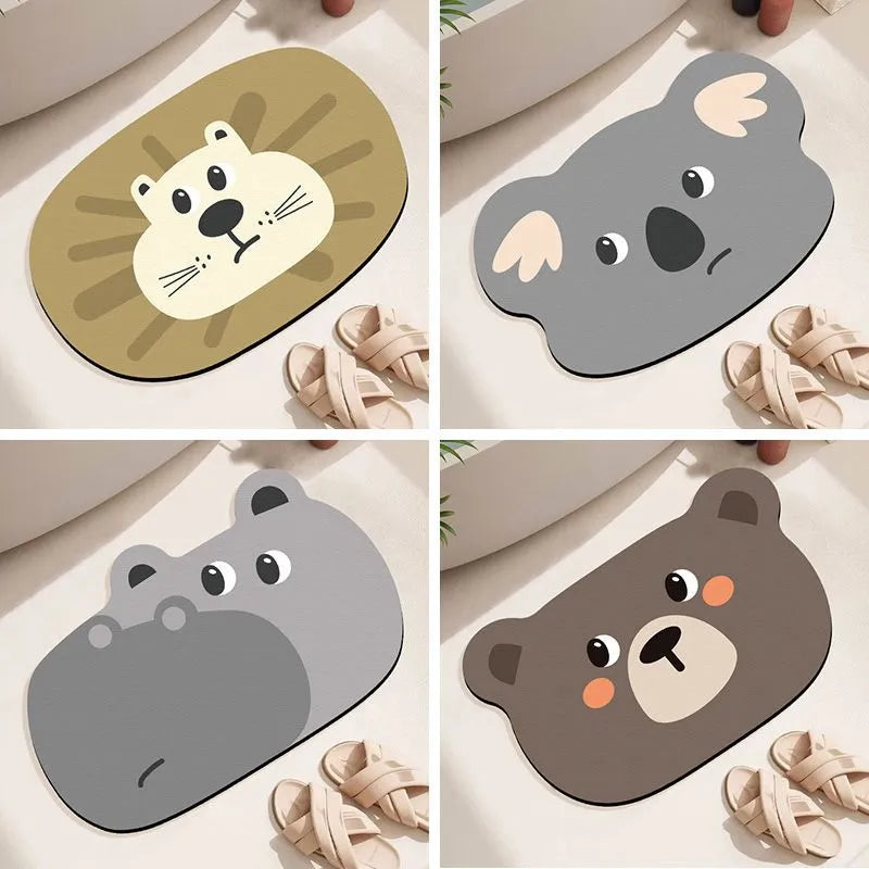 Cartoon animal diatomite bathroom mat with non-slip backing in brown bear, frog, hippo, koala, or lion design.