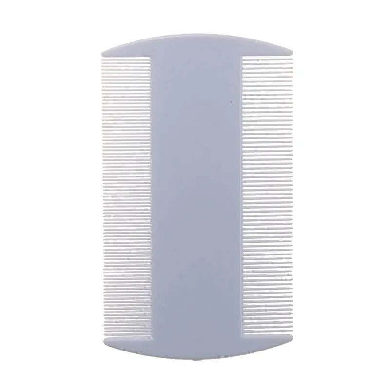 Double-edged fine-toothed plastic lice comb in various colours, showing both fine and coarse sides, scale shown with 8cm length.