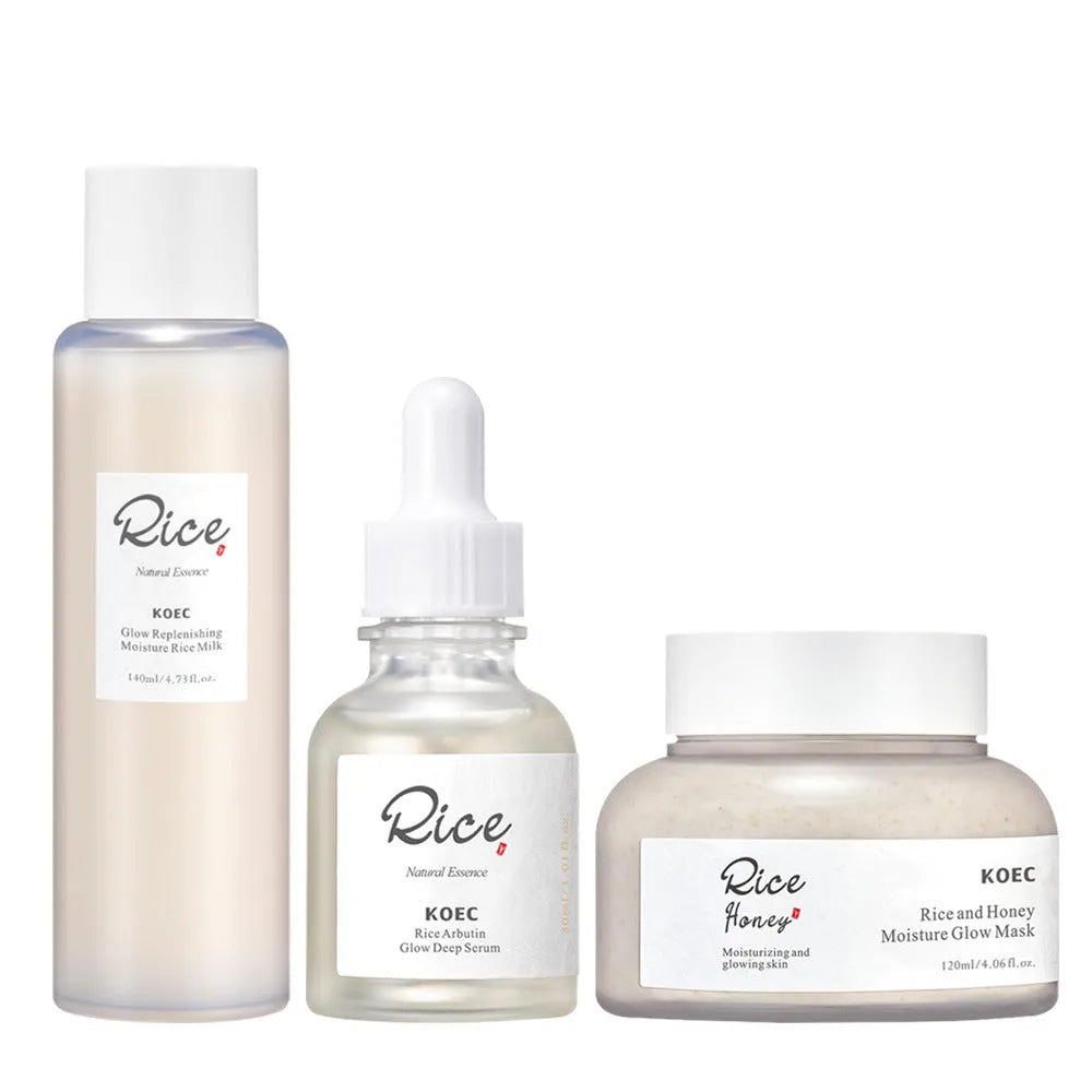 KOEC rice honey skin care three-piece set with facial mask essence and lotion in packaging