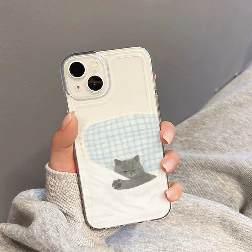 Transparent phone case with sleeping cat pattern for Apple iPhone on clear background