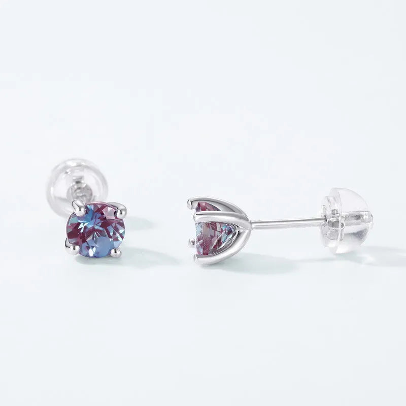 Simple round geometric 925 silver ear studs with a cultivate Alexandrite stone for women.