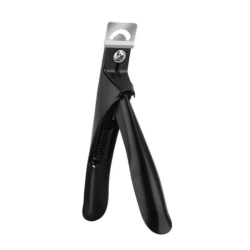 Stainless steel French U-shaped nail art scissors for cuticle trimming, shown in black, titanium, and silver finishes.