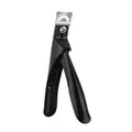 Stainless steel French U-shaped nail art scissors for cuticle trimming, shown in black, titanium, and silver finishes.