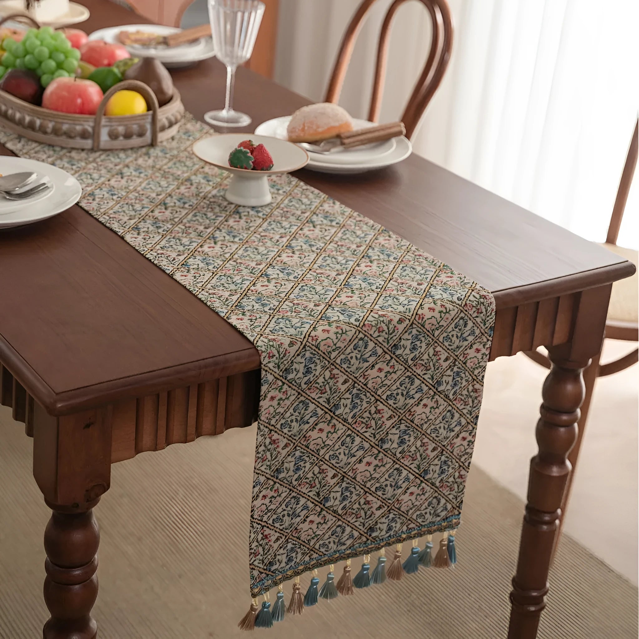 Nordic jacquard striped table runner with tassel trim in dark blue with multiple pattern options