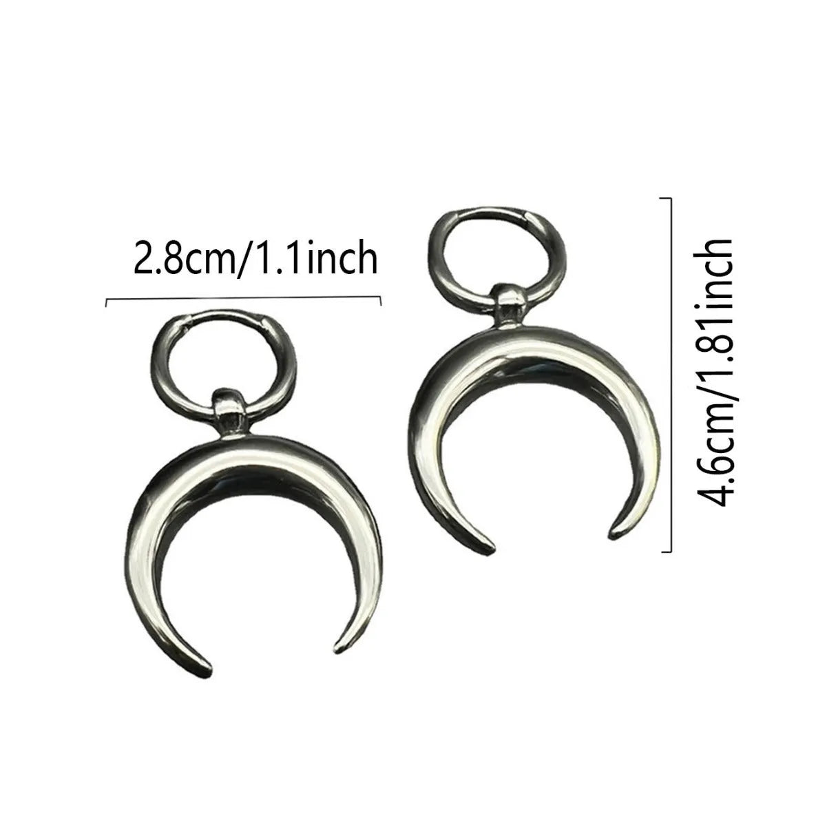 Silver geometric hoop earrings with gothic moon design and ear clip fastening