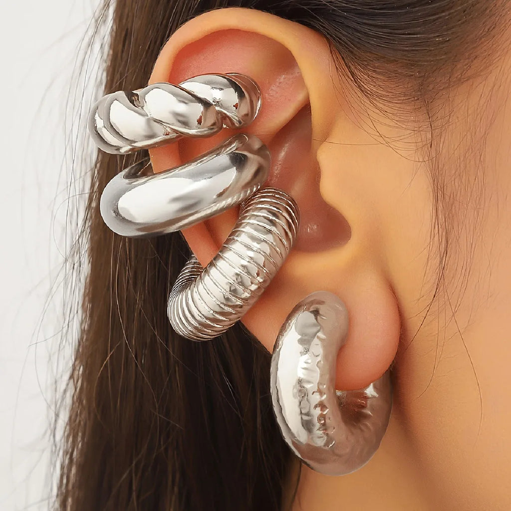 Geometric non-pierced ear clip set for women in gold and silver colours
