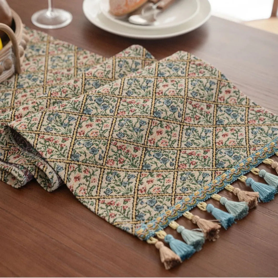 Nordic jacquard striped table runner with tassel trim in dark blue with multiple pattern options