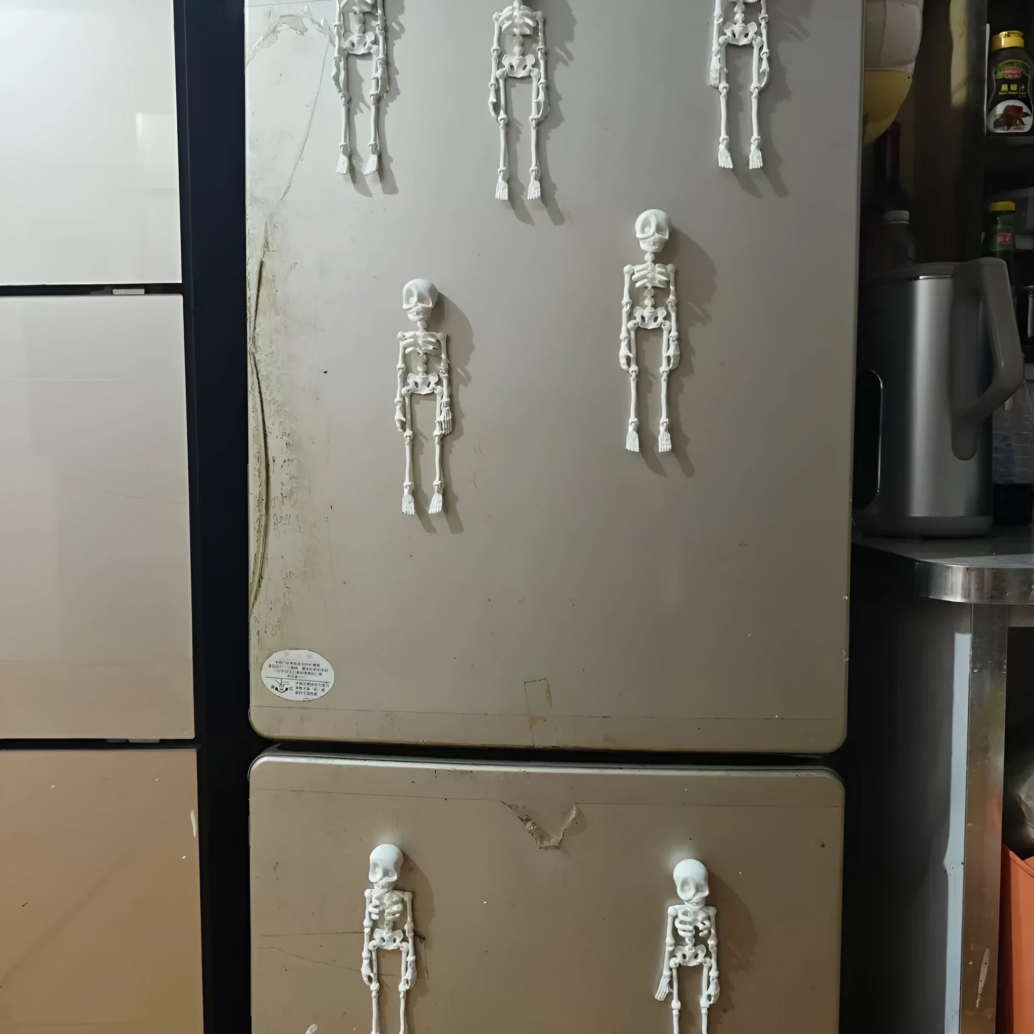 3D printed white skull refrigerator magnet on a metal surface, showing its 18cm height.
