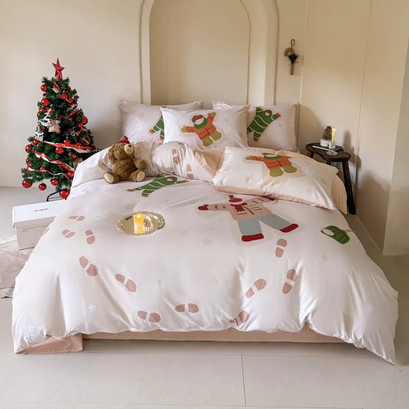Christmas bedding four-piece set with soft washed cotton texture and colourful cartoon prints.