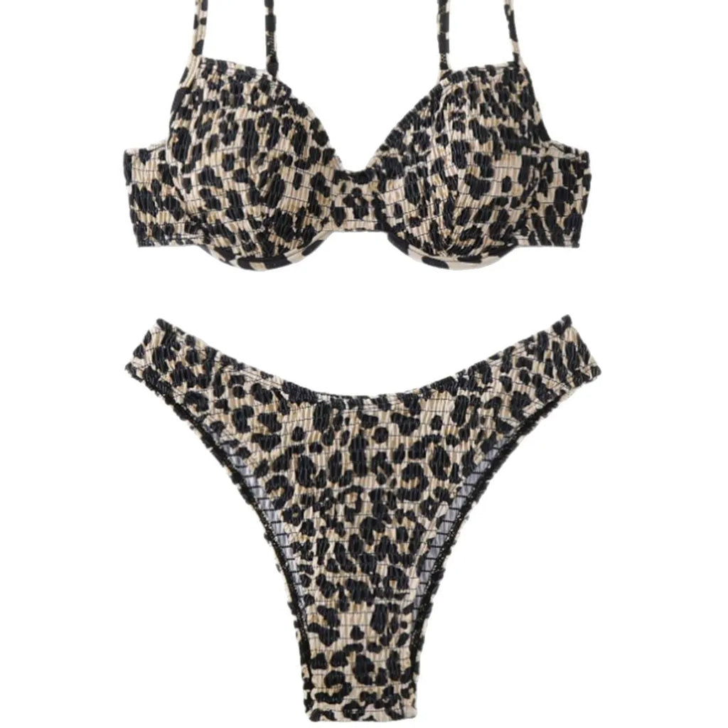 Women's leopard print bikini swimsuit with backless design and adjustable ties in brown mixed colour