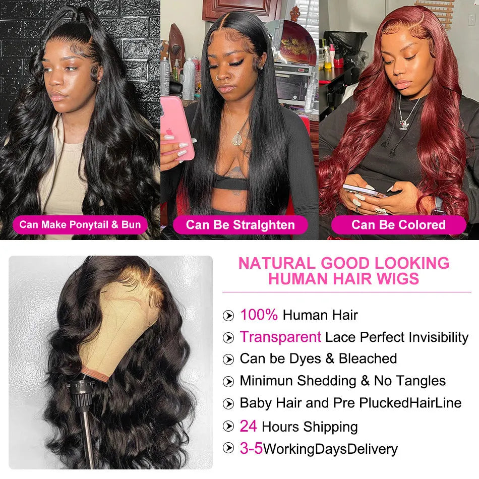Black synthetic wig with long curly hair, side bangs, and a front lace design.