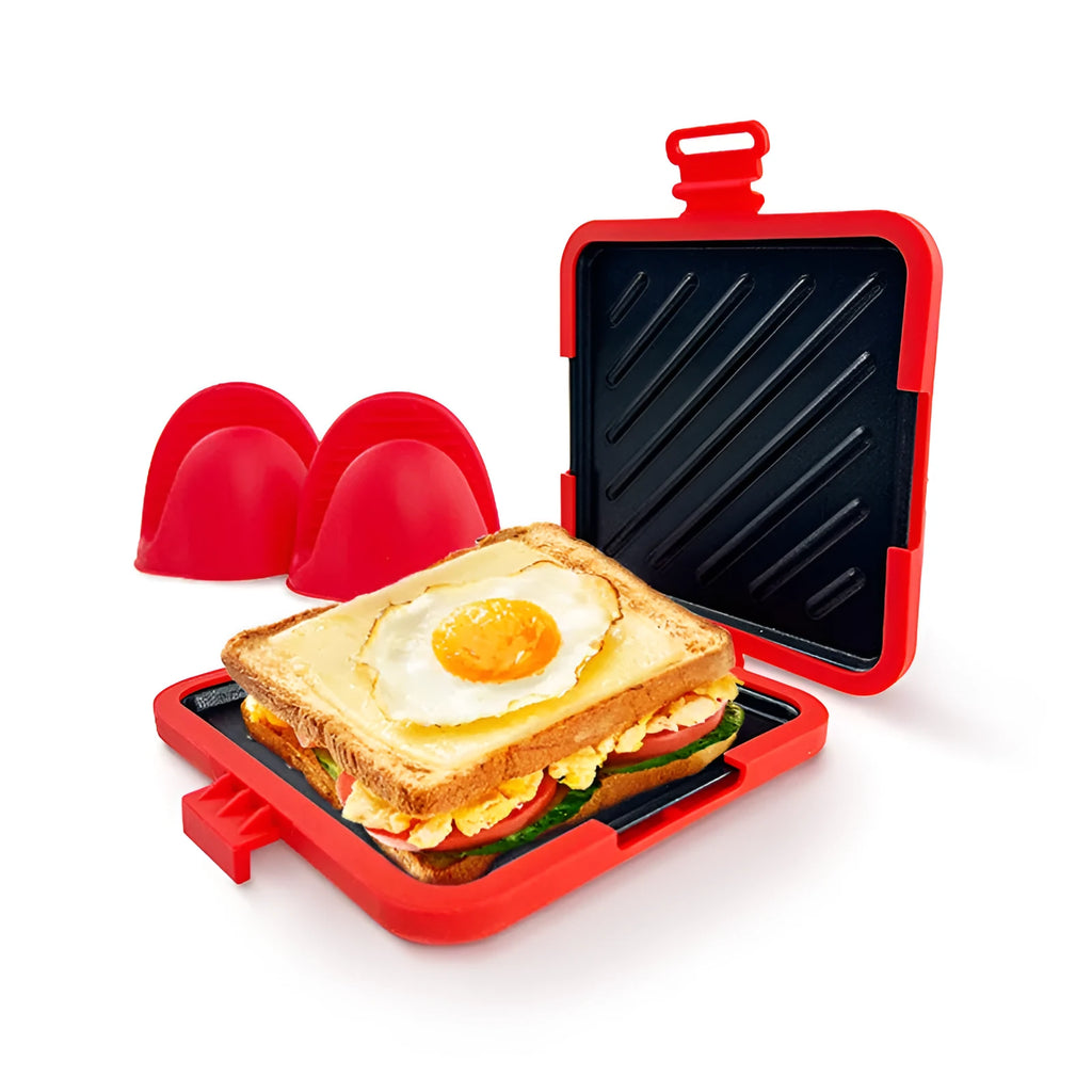 Red silicone baking tray with anti-scald design and protective gloves