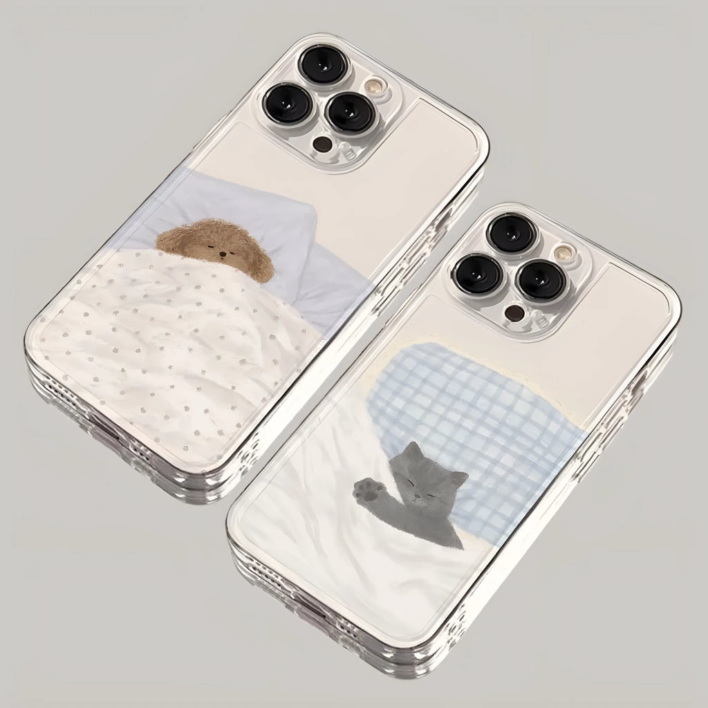 Transparent phone case with sleeping cat pattern for Apple iPhone on clear background
