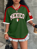 Women's loose-fit V-neck short-sleeved T-shirt featuring a 3D raised letter print on the front.