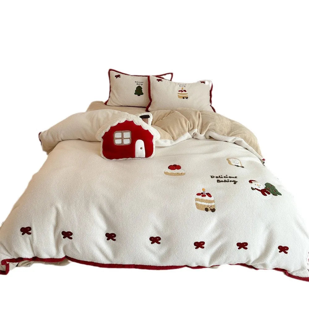 Christmas cartoon bed linen four-piece set with girl's heart design in Xuefu Milk Pastry colours