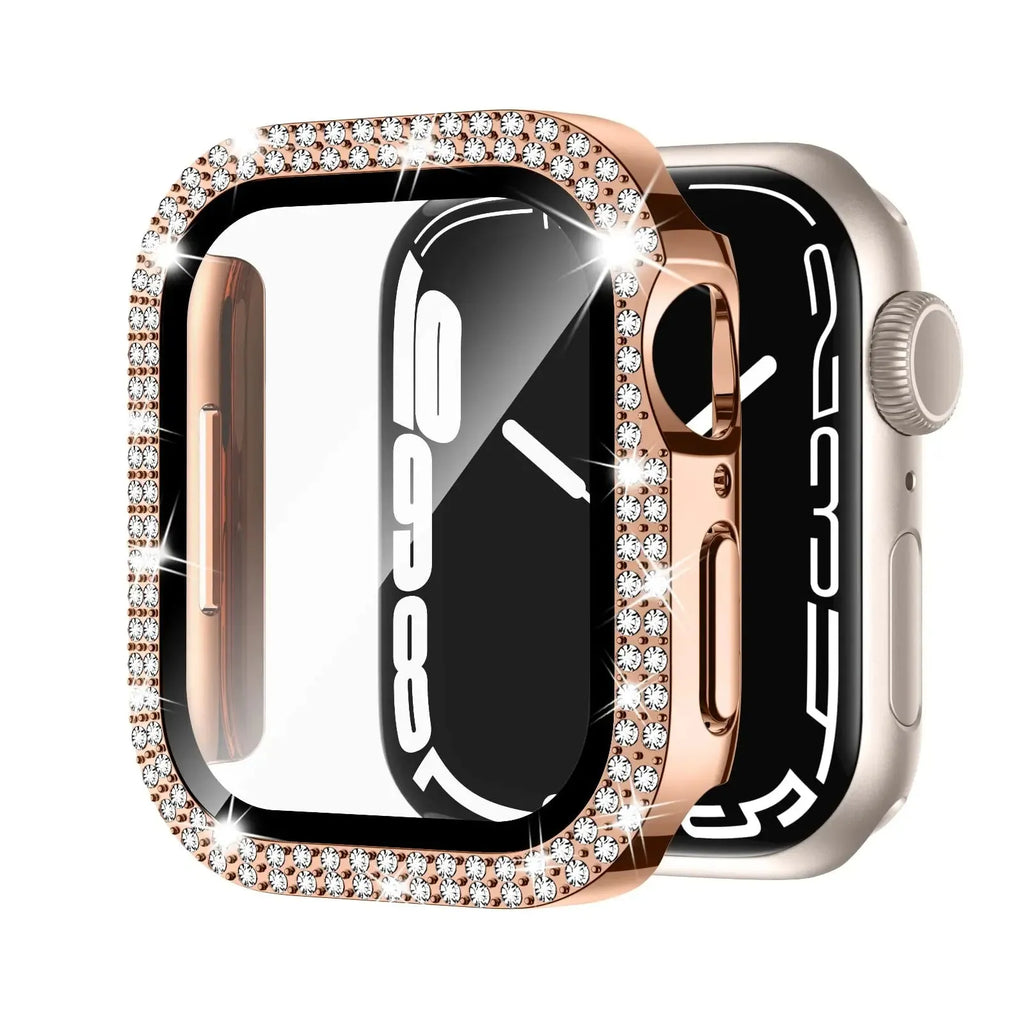 Apple Watch protective case with double diamond glass in rose pink, gold, and silver colour options