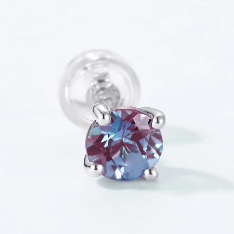 Simple round geometric 925 silver ear studs with a cultivate Alexandrite stone for women.