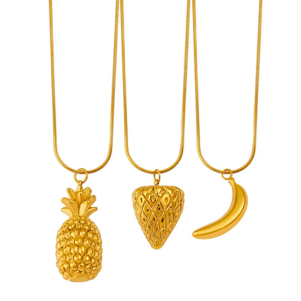 Stainless steel necklace with a choice of fruit-shaped pendants including apple, grape, and watermelon.
