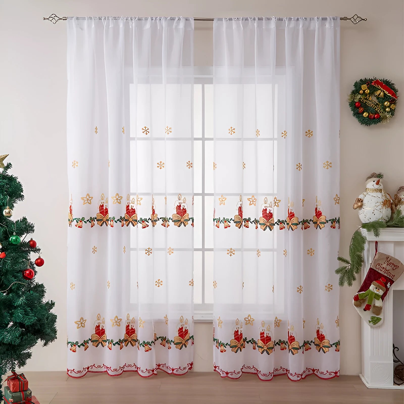 Pair of red and white American Christmas curtains with embroidered snowflake design hung on a window.