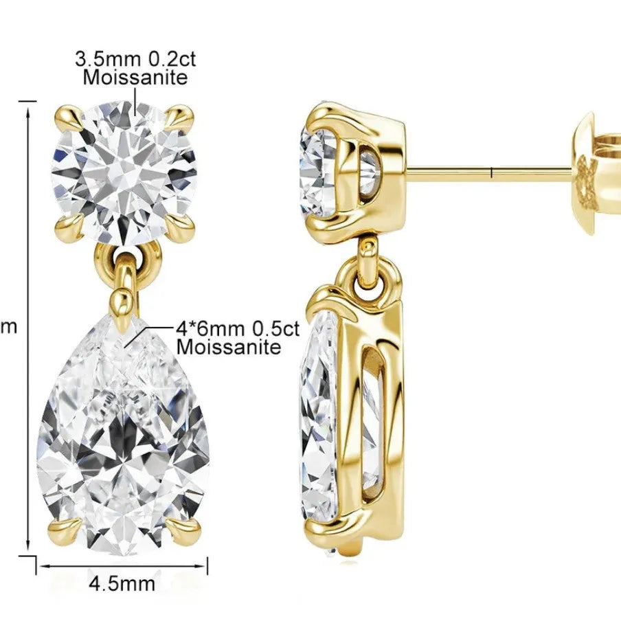 925 sterling silver geometric water drop moissanite stud earrings with round and drop stones