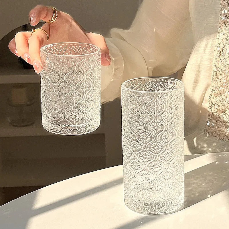 Begonia carved pattern glass water cup in two sizes: short 250ml and tall 380ml versions