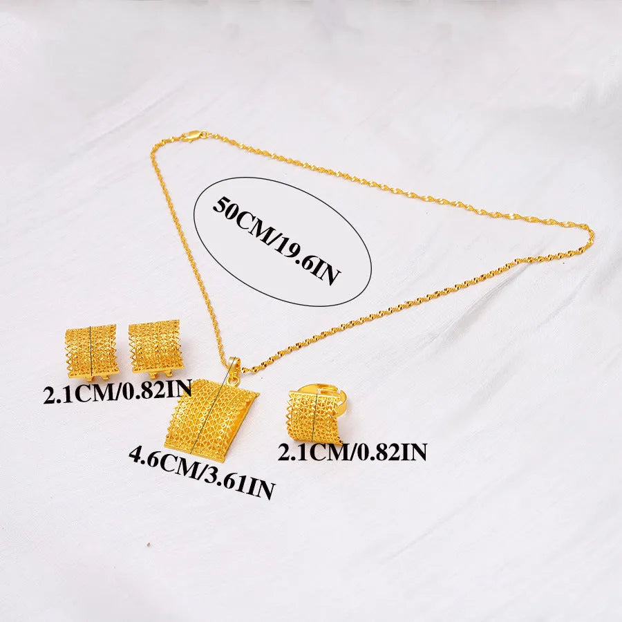 Golden copper bridal jewellery set showing matching necklace, earrings and ring for wedding occasions