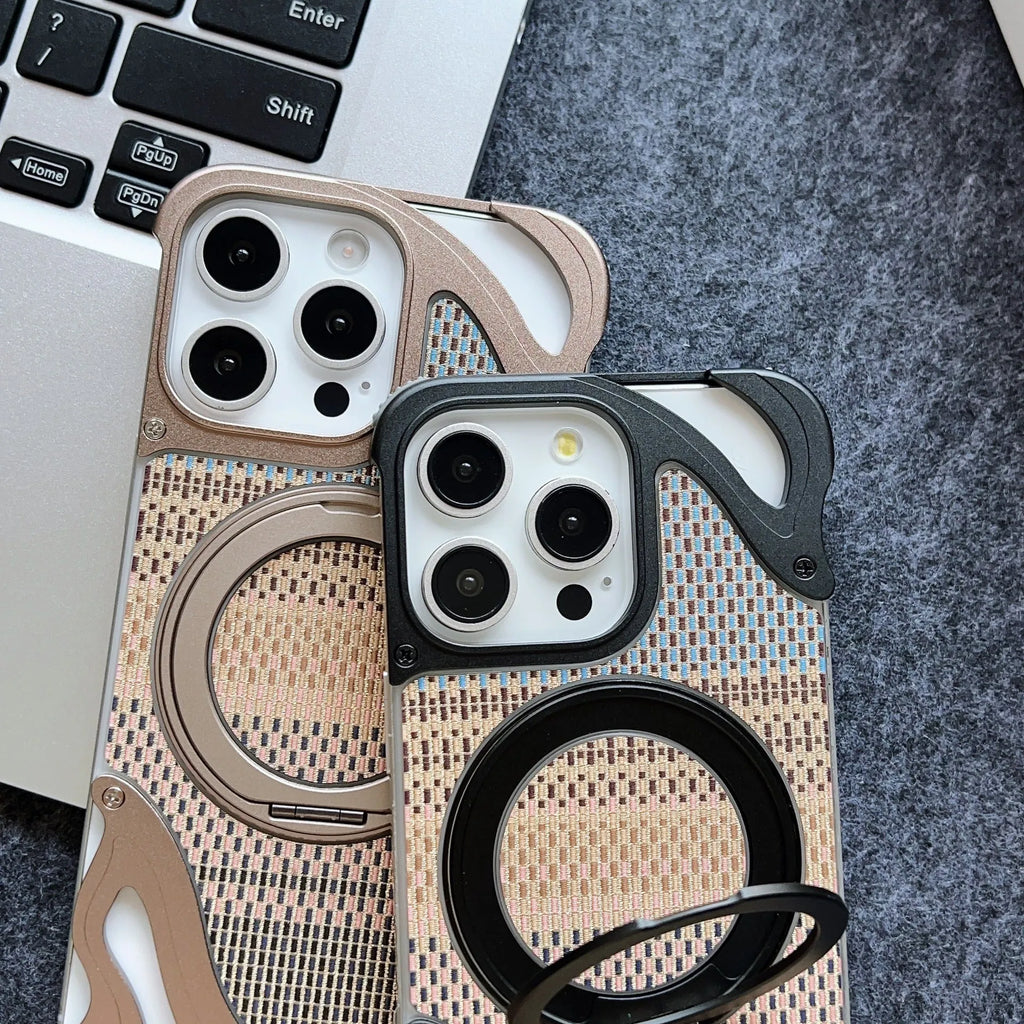 Frameless metal magnetic bracket phone case for iPhone 16 Pro in black electroplated finish