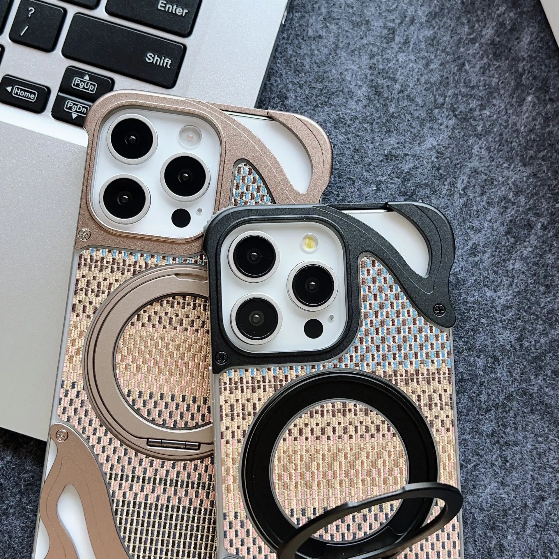 Frameless metal magnetic bracket phone case for iPhone 16 Pro in black electroplated finish